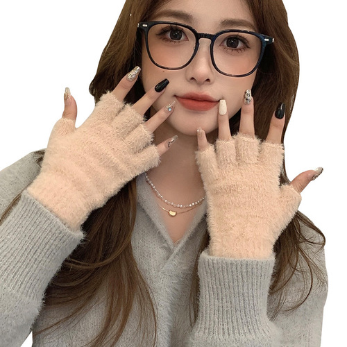 Warm and Cozy Half-Finger Knit Gloves for Women - Winter Fleece Touchscreen Compatible, Versatile for Office, Students, and Writing