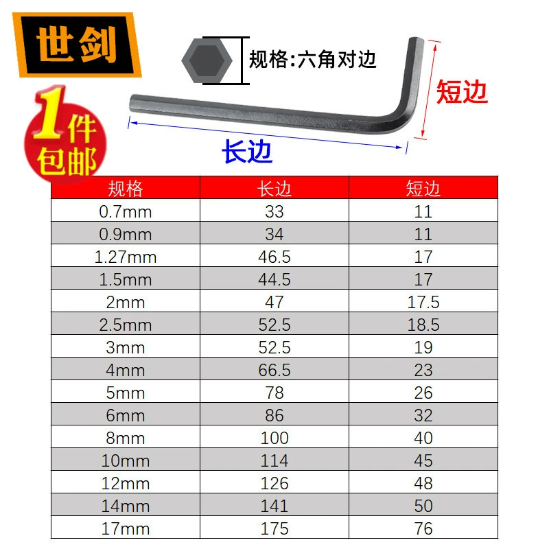 M0.7-M17 Hexagonal Wrench Hexagon Screwdriver Hexagonal Hexagonal 6 Hexagon Single Straight Handle High Strength