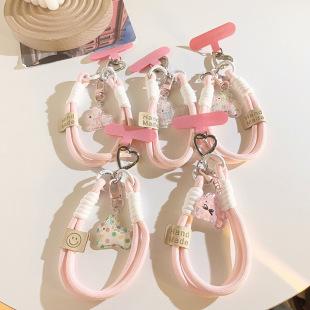 Rotatable Cute Wave Dot Running Rabbit Pendant Mobile Phone Case Lanyard Woven Belt Portable Wristband Key Pendant Universal