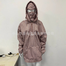 外贸批发新款日系复古半开领套头外套男女青年格子双帽连帽卫衣