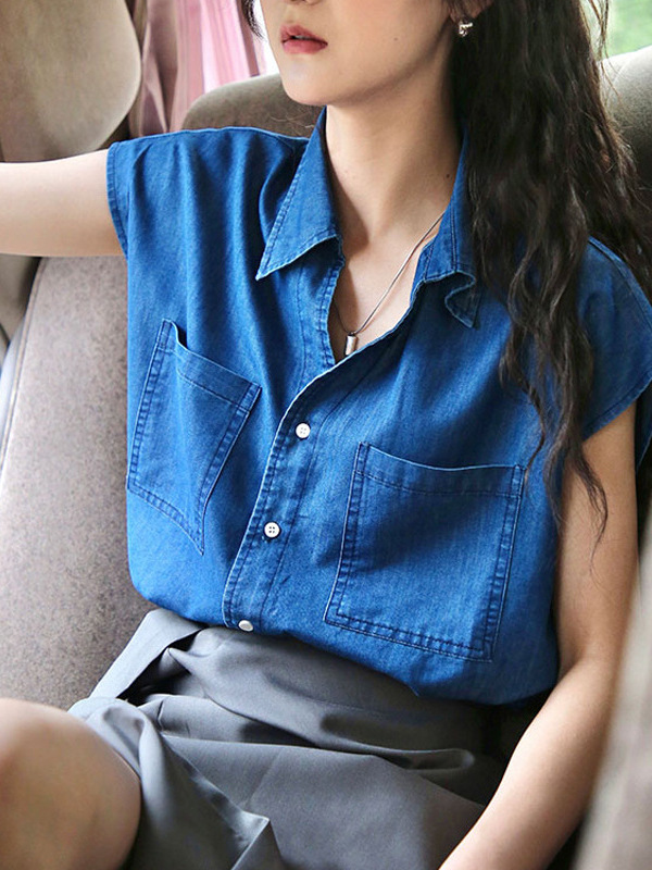 Áo hai dây nữ cổ POLO phong cách retro Hong Kong, form rộng đi làm — màu xanh đậm