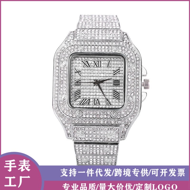跨境方形手表满天星钢带镶钻欧美男士罗马刻度满天星时尚石英表