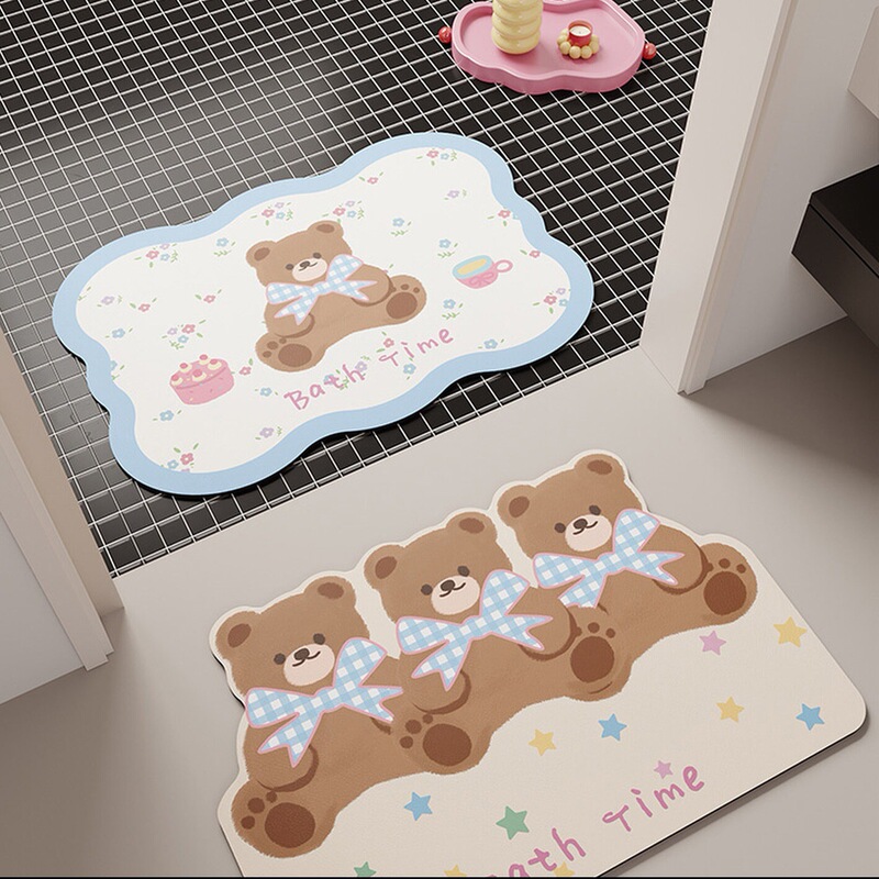 Korean-Style Teddy Bear Bathroom Floor Mat, Bathroom Toilet Washroom Water-Absorbent Quick-Drying Non-Slip Diatomaceous Earth Floor Mat