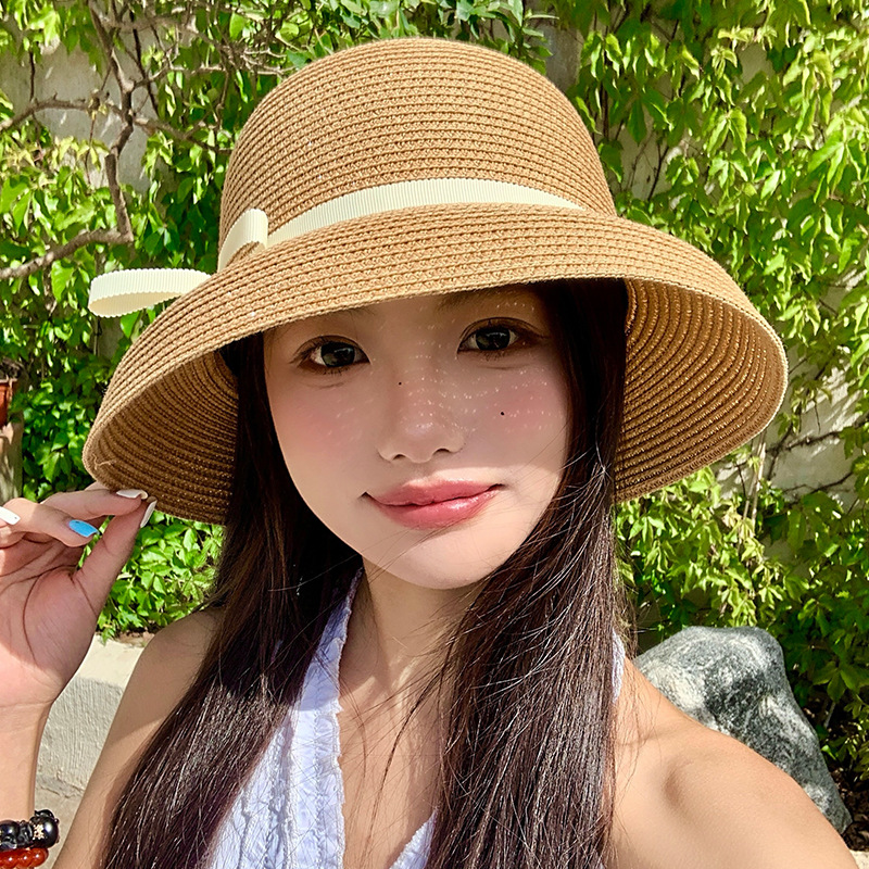 Sombrero de paja estilo Hepburn con lazo, verano 2025, sombrero protector solar para mujer