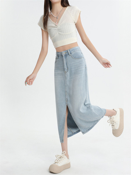 Blue summer thin long denim skirt