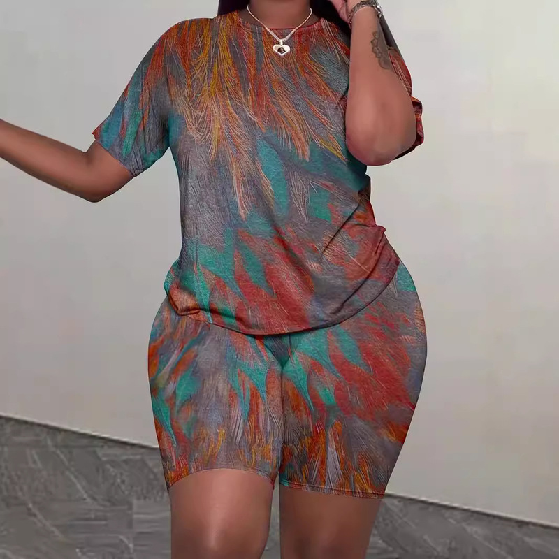 Summer 2024 Feather Print Women's Short Sleeve Shorts Round Neck suit Loose Casual ME13 WS4