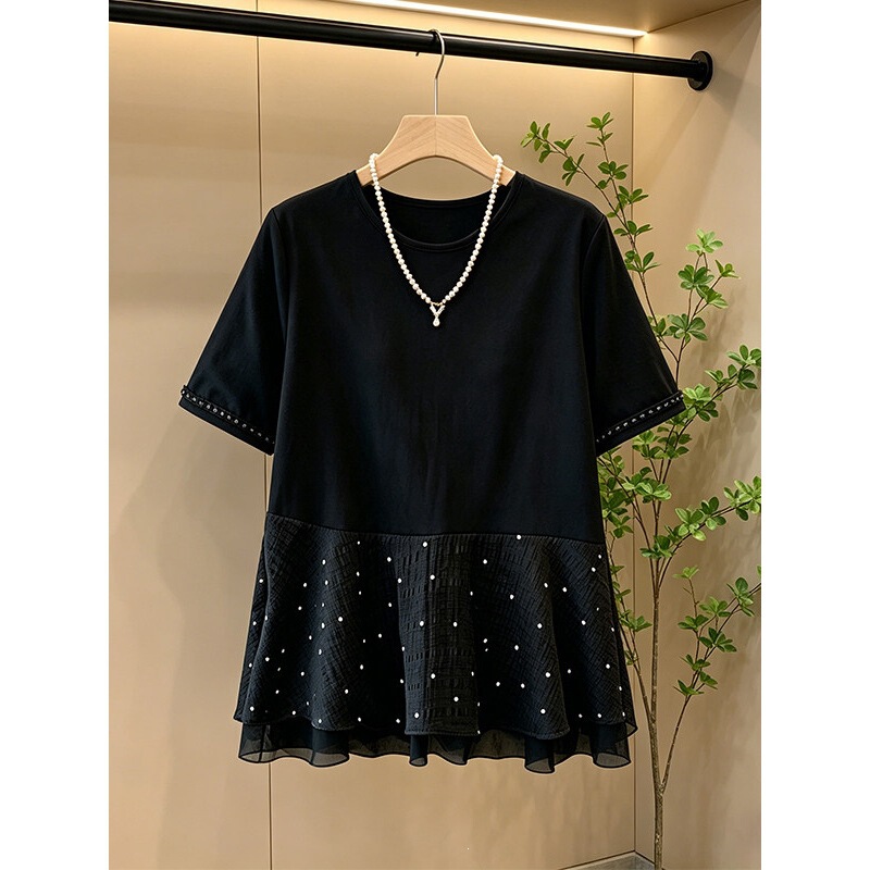 2026 New Summer Style Plus-Size Women's Black Patchwork Ruffled Short-Sleeved T-Shirt Korean Style Loose Slimming Top