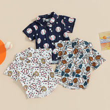 外贸童装儿童棒球印花短袖衬衫2023夏季新款男童翻领单排扣上衣