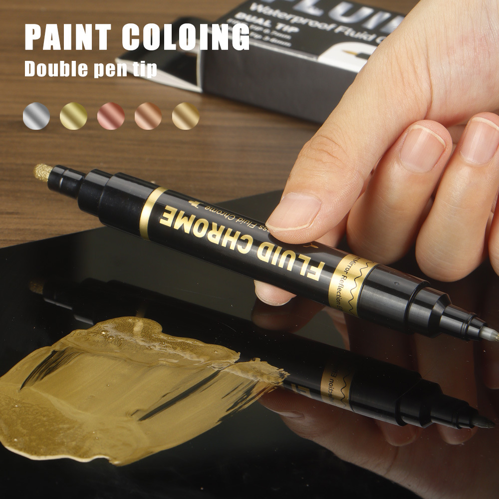Pluma cromada de doble cabeza grande y pequeña Pluma de reparación de arañazos de modelo Gundam Pluma de pintura de retoque de color de metal Marcador de alto brillo al por mayor