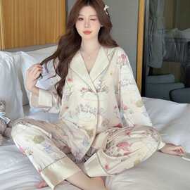 开衫纯欲风韩版外穿家居服套装可爱甜美长袖高级感冰丝料睡衣轻奢