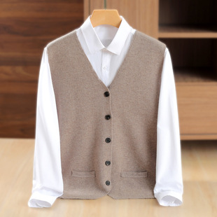 2024 Thickened Autumn and Winter V-neck Buckle New Wool Vest Men's Soft Waxy Knitted Vest Cardigan Cashmere Waistcoat