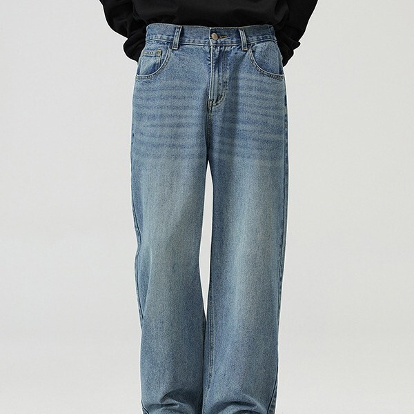 Cross-Border Jeans Men's Four-Season Korean Style Straight-Leg Semi-Elastic Waist Jeans for Men and Women Washed Retro Wide-Leg Pants Cross-Border Jeans Men's Four-Season Korean Style Straight-Leg Semi-Elastic Waist Jeans for Men and Women Washed Retro Wide-Leg Pants