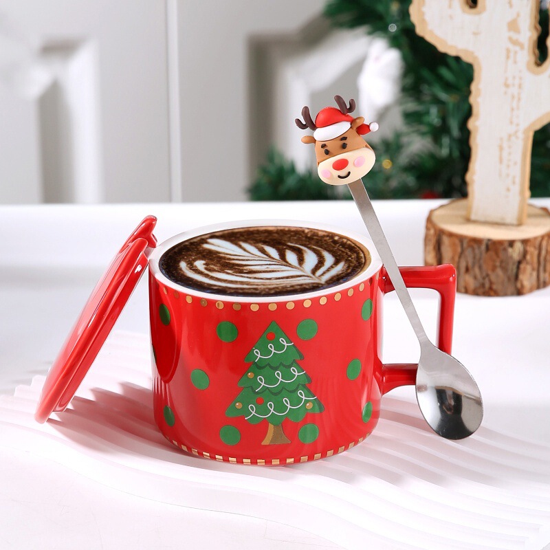 かわいいヘラジカクリスマス祭りギフトカップ家庭用セラミックカップマグカップ蓋付きスプーン付きカップルコーヒーカップ|undefined