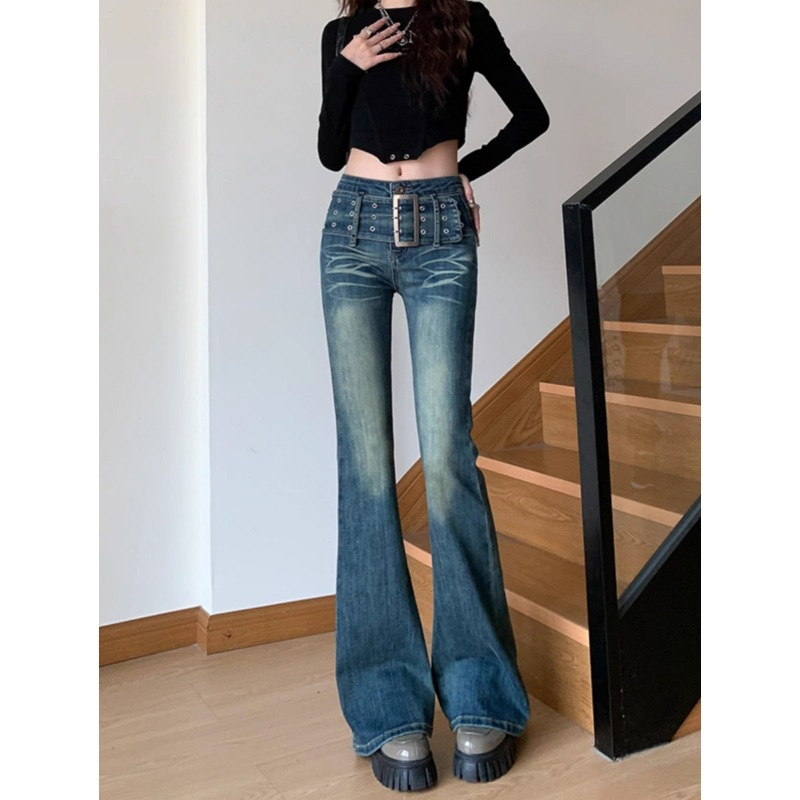 All-Match 2025 Fashion Fashionable Design Sense Low Waist Slimming New Washed Stretch Denim Micro-Lar Jeans Trendy