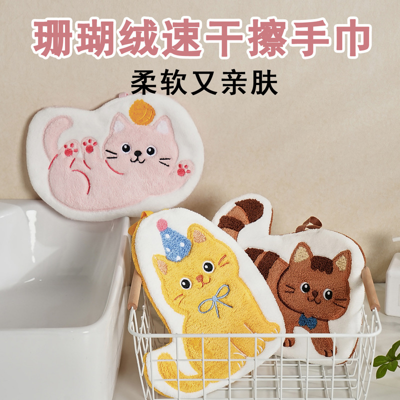 Cross-Border Small Cat-Themed Hand Towel, Hangable Bathroom Towel, Kitchen Absorbent Quick-Dry Cloth, One-Piece Drop Shipping for Cats