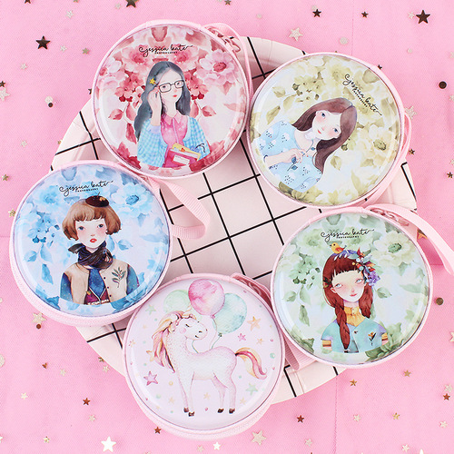 Korean version Christmas and New Year tinplate storage box iron round coin purse cartoon animal mini key earphone bag