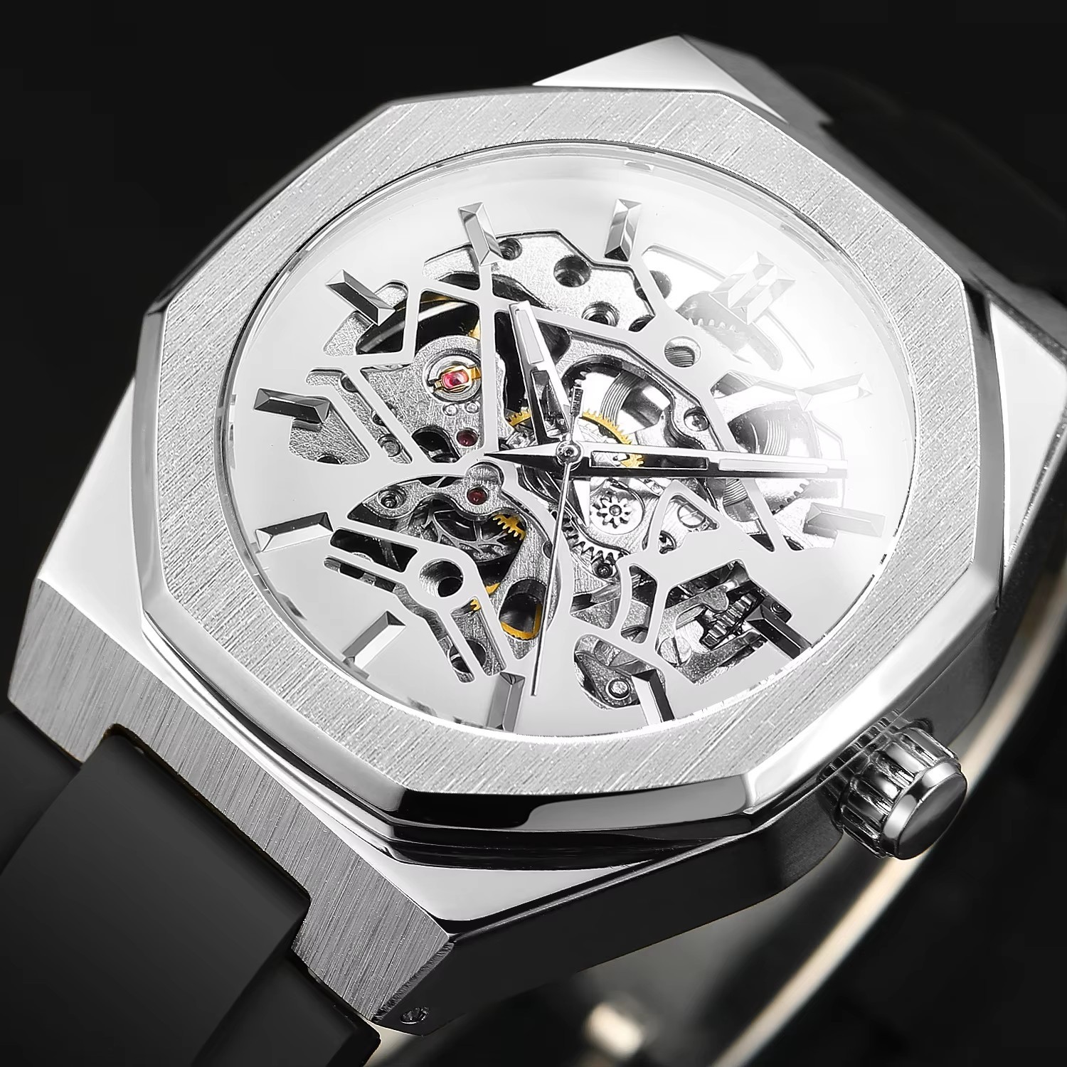 Men's Mechanical Skeleton Watch Silver Automatic Rubber Strap_voghion.com