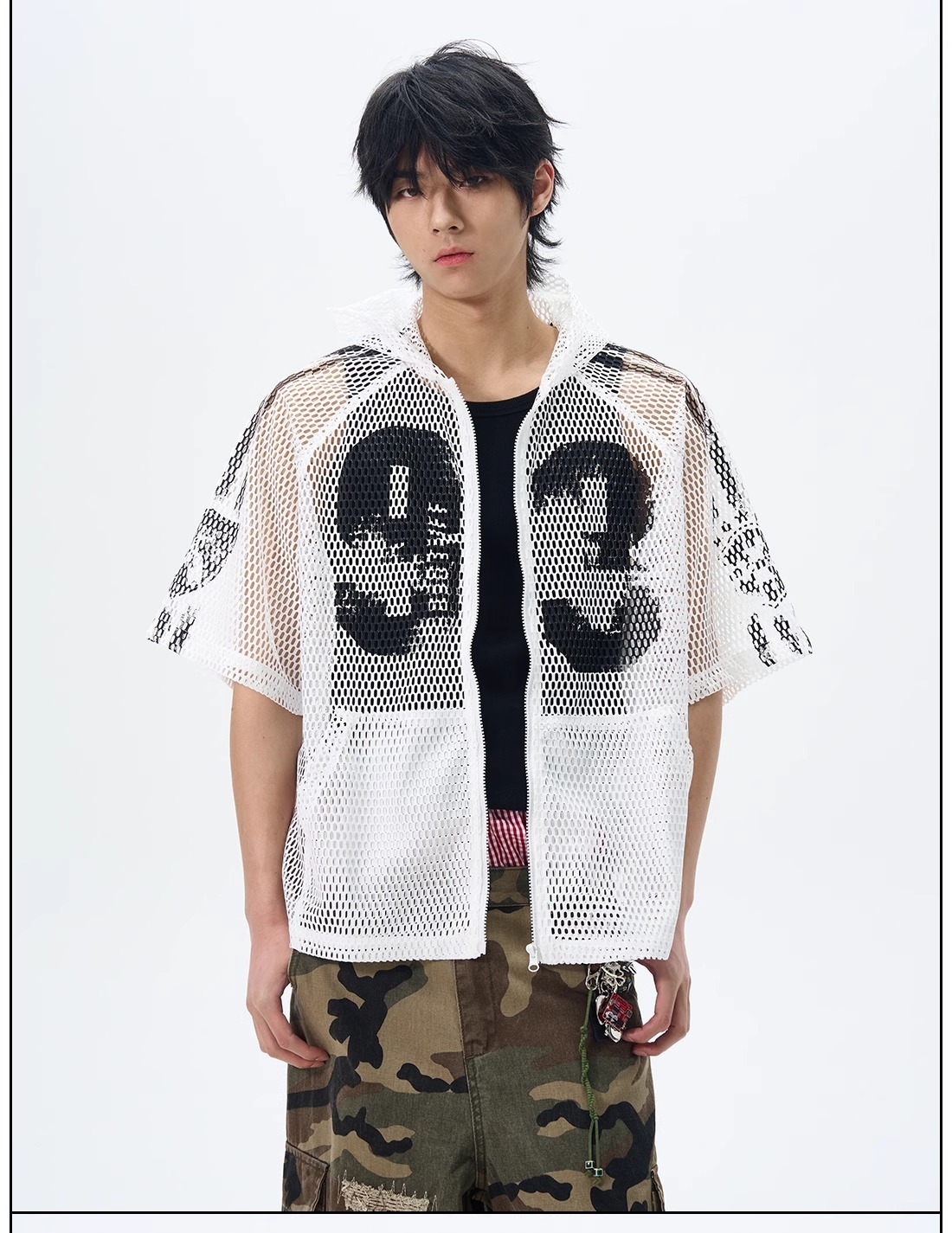 American-style Digital Zipper Hollow-out Hooded Jersey Men And Women, Summer Loose-fitting Short-sleeve_viptrois.com