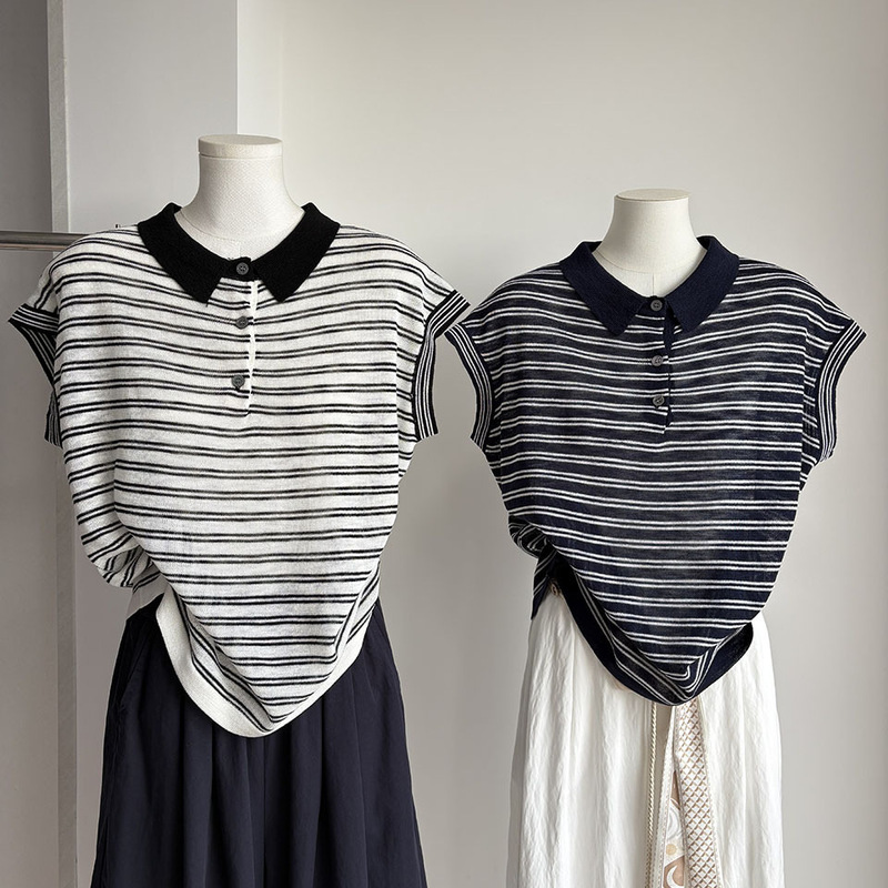 [Bizheng] 2026 Summer New Product Korean Style Polo Collar Thin Striped Easy-To-Wear Versatile Knitted T-Shirt for Women 6841