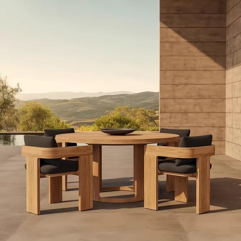 Mesa y silla de madera maciza al aire libre patio hotel impermeable al aire libre protección solar alojamiento residencial de madera mesa y silla de comedor muebles de exportación