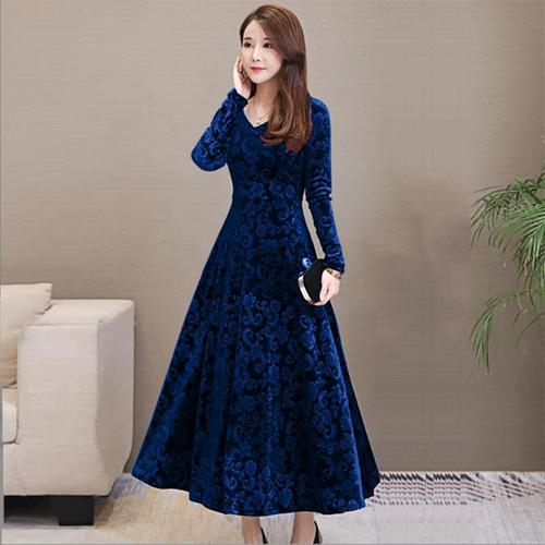 Ready-to-wear 2024 spring and autumn new slimming large-drape skirt for women, plus-size women, gold velvet long-sleeve dress, long length