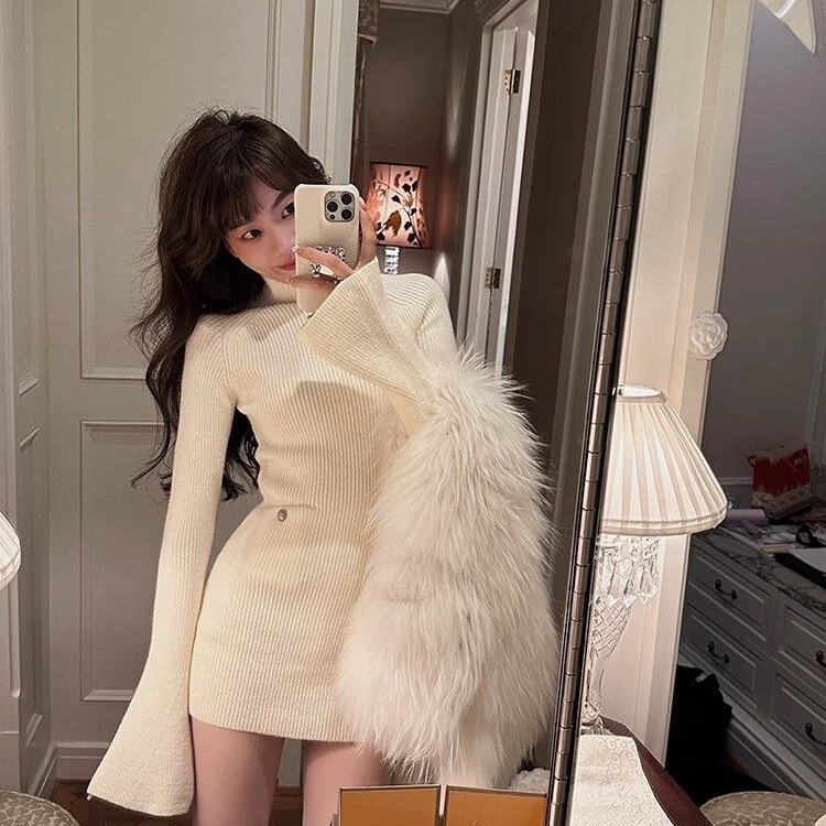 Thickened Turtleneck Knitted Dress 2025 Autumn and Winter New Design Bell Sleeve Slimming Look Bottoming Sweater Dress Thickened Turtleneck Knitted Dress 2025 Autumn and Winter New Design Bell Sleeve Slimming Look Bottoming Sweater Dress
