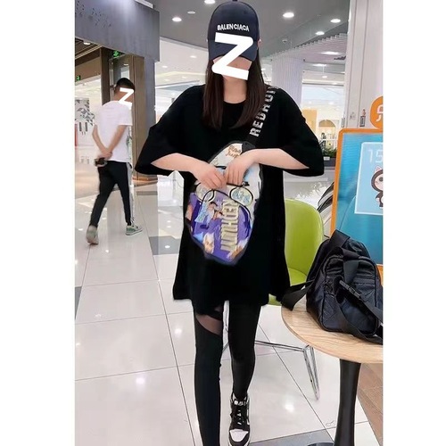 Summer Fashion New Crossbody Bag Pocket Zip Short Sleeve Women's T-shirt 2024 Korean Style Casual Crew Neck Print Top