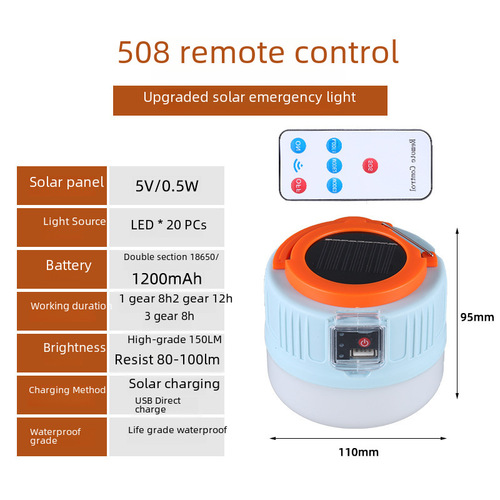Outdoor LED Solar Charging Remote Control Camping Tent Light Super Bright Night Market Bulb Emergency Light Outdoor Camping Lantern