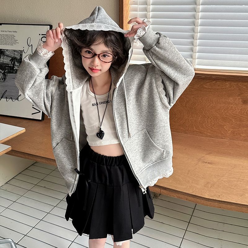 Lace spring solid fashionable long-sleeve girl's with hood