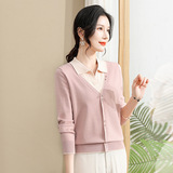 时尚假两件妈妈装春秋上衣中老年女装春季新款翻领长袖针织衫T恤，女装针织衫/毛衣，妃慕昵服饰