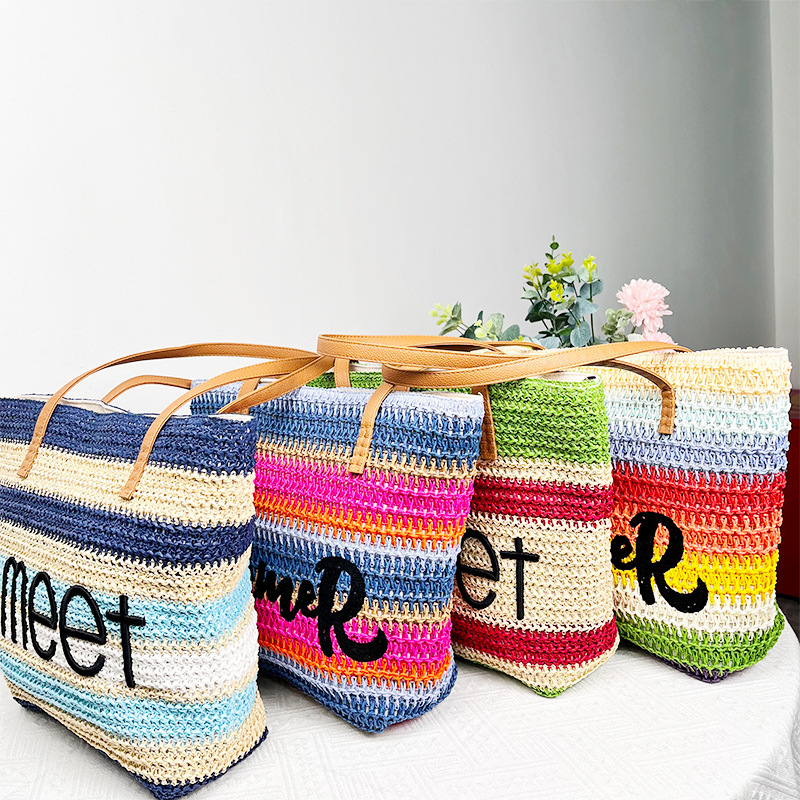 New SUMEER Straw Bag Women's Large Capacity Shopping Bag Striped Letter Beach Bag Foreign Trade Tote Bag