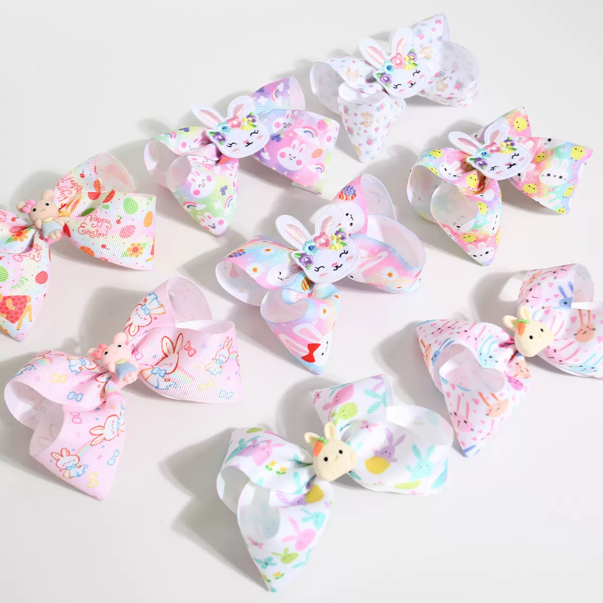 跨境新款复活节儿童可爱小白兔蝴蝶结发夹刺绣配件印花织带发饰
