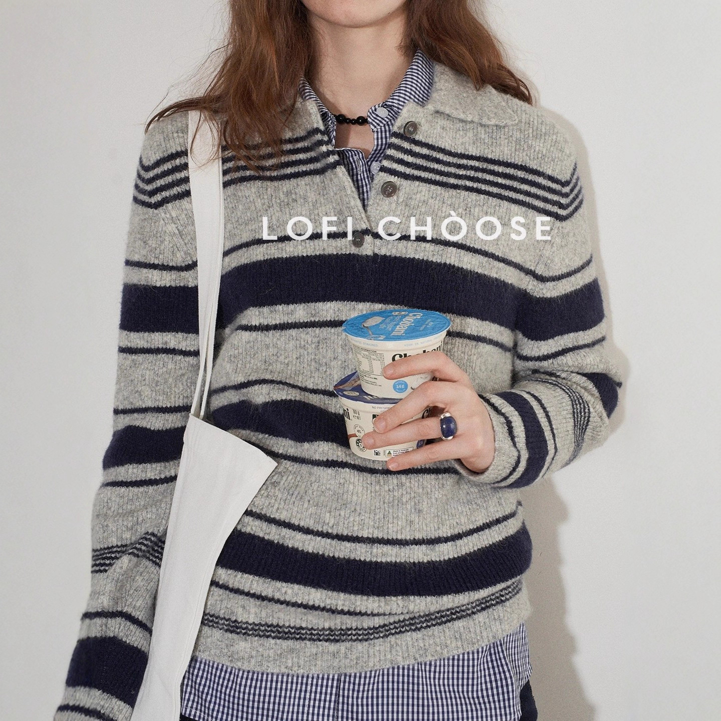 Lofi Choose Stripesd Polo Collar Knitted Sweater Women's Autum New Simple Loose Versatile Long-Sleeved Top