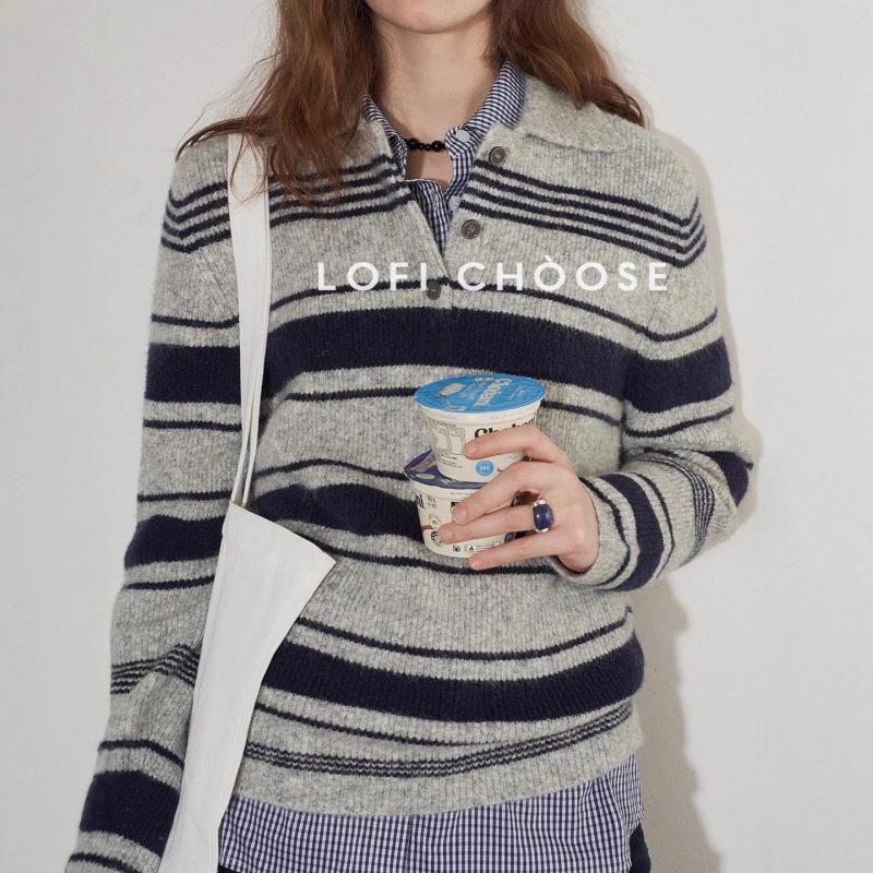 Lofi Choose Stripesd Polo Collar Knitted Sweater Women's Autum New Simple Loose Versatile Long-Sleeved Top Lofi Choose Stripesd Polo Collar Knitted Sweater Women's Autum New Simple Loose Versatile Long-Sleeved Top