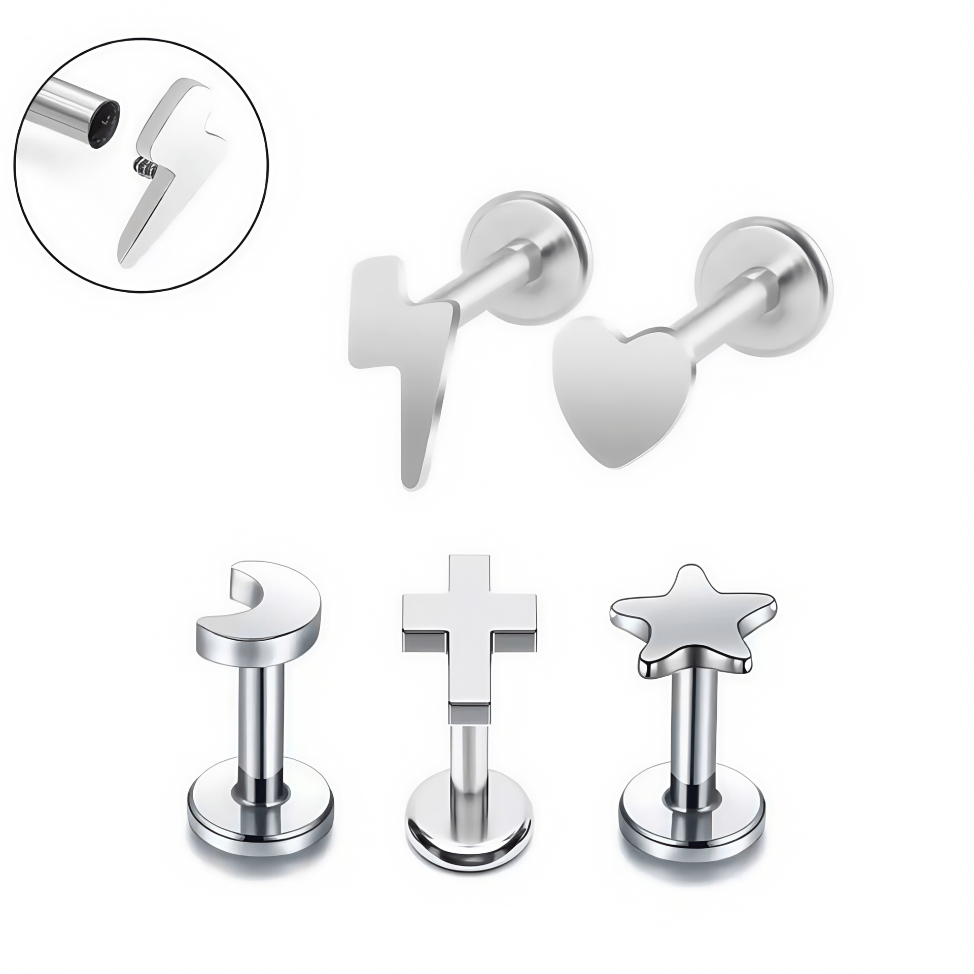 F136 Titanium Internally Threaded Star Heart Moon Lightning Cross Lip Stud Ear Bone Stud - G23 Titanium Alloy Piercing Jewelry detail image 8