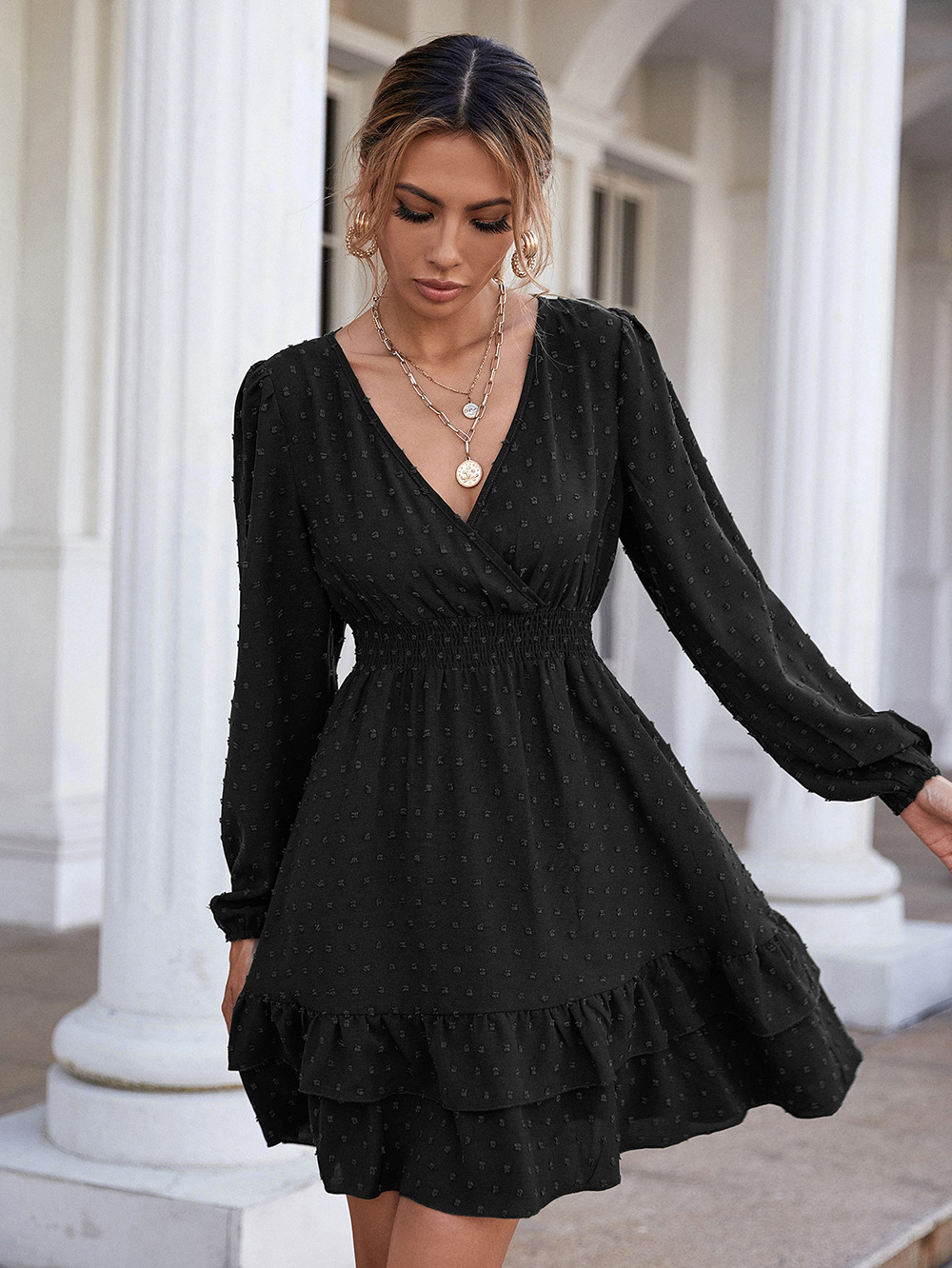 V-neck long-sleeved ruffled slim solid color dress NSNCK118644