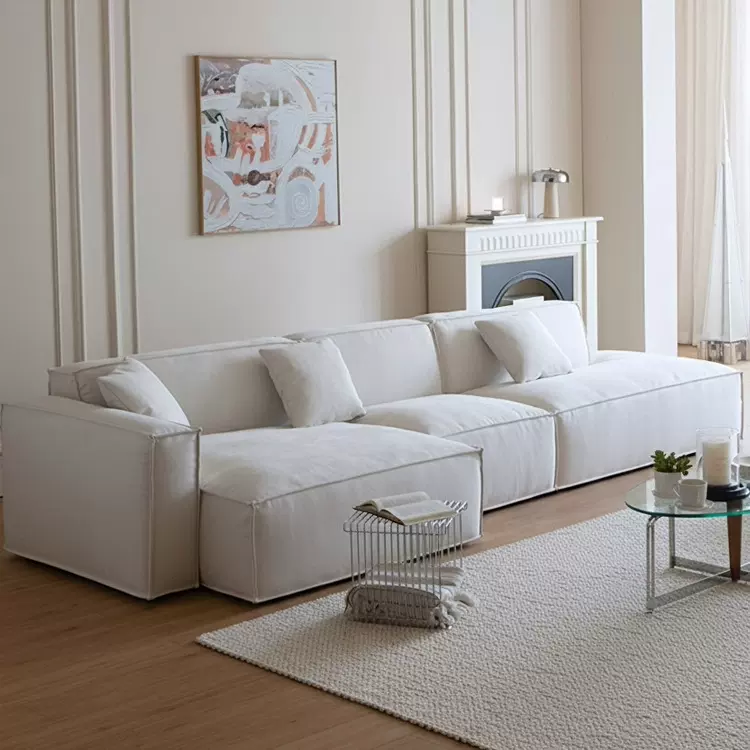 温妮沙发布艺法式奶油风白色豆腐块可拆洗直排小户型客厅羽绒沙发
