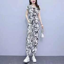 夏季新中式盘扣水墨画休闲套装女短袖时尚洋气哈伦长裤两件套