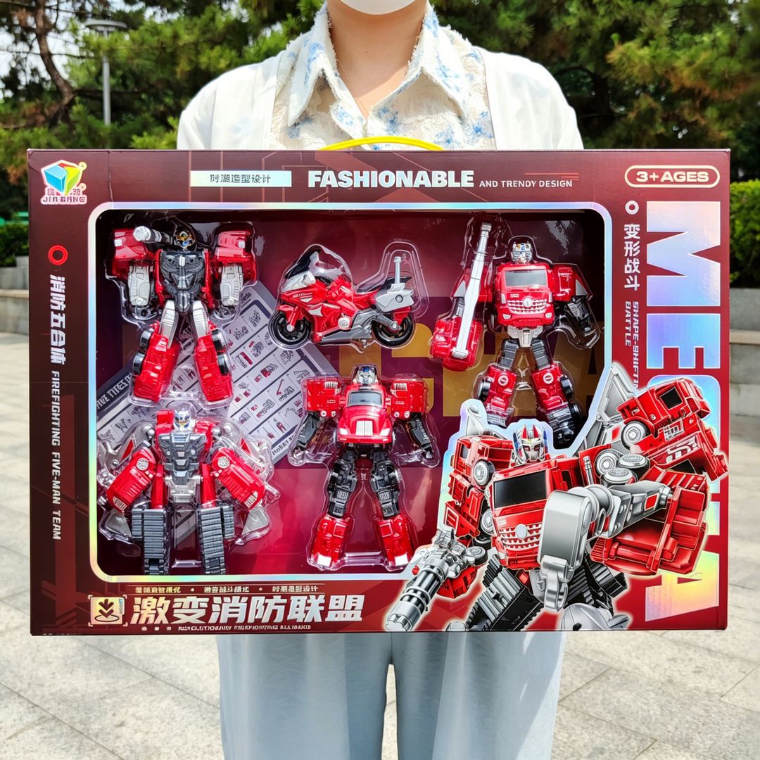 Children's Fire-Fighting Five-In-One Transforming Robot Model, Fire Truck, Motorcycle, Educational Toys for Boys, Wholesale