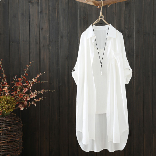 Cross-border summer long-length long-sleeved solid color women's literary loose front short back long sun protection coat open jacket thin outerwear