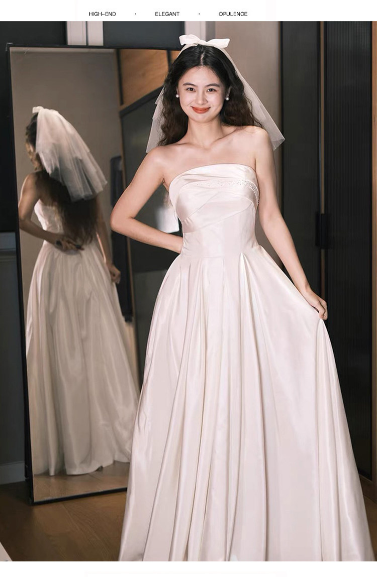 Strapless Light Wedding Dress, Simple Satin, Petite Bride, White Gown For Engagement And Marriage Registration, Elegant Wedding Dress For Going Out._ecoleips.com