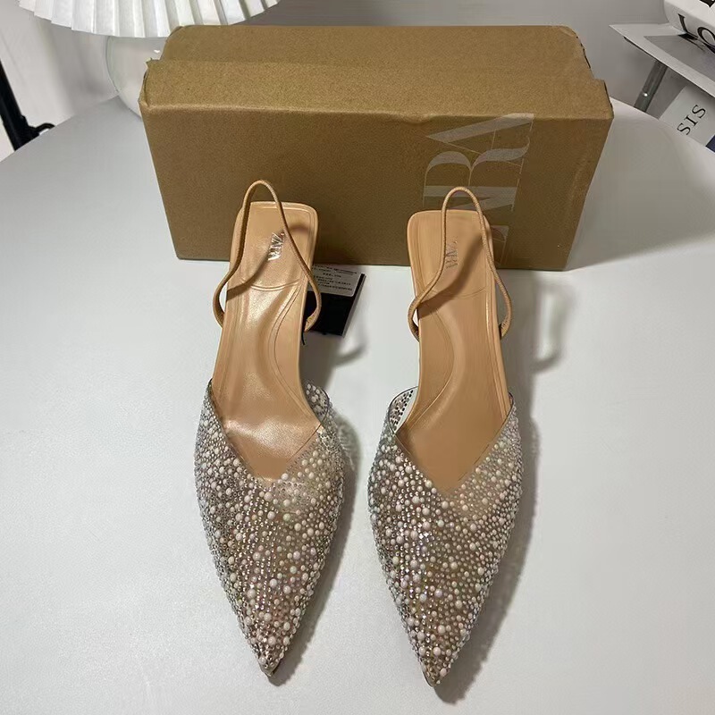 Za New 2025 Pointed Toe High Heel Pearl Bright Decoration Shallow Mouth Stiletto Heel Back Strap Back Hollow Slingback Fashion Sandals for Women