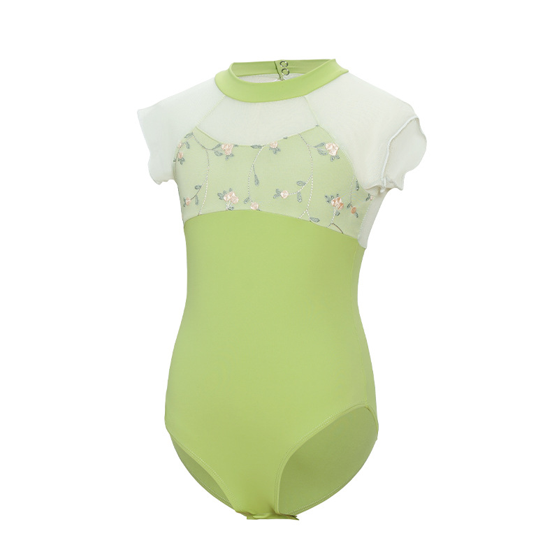 Ropa de baile para niños, ropa de entrenamiento de baile de nailon para niñas, ropa de rendimiento de cuello alto de temperamento bordado de manga corta de verano