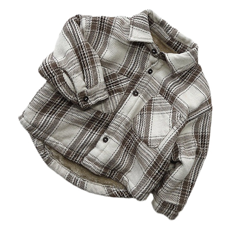 Muchachos artístico Plaid fleece-forrada camisa de invierno Nuevo estilo coreano de las niñas retro de la capa superior de los niños ropa de moda infantil