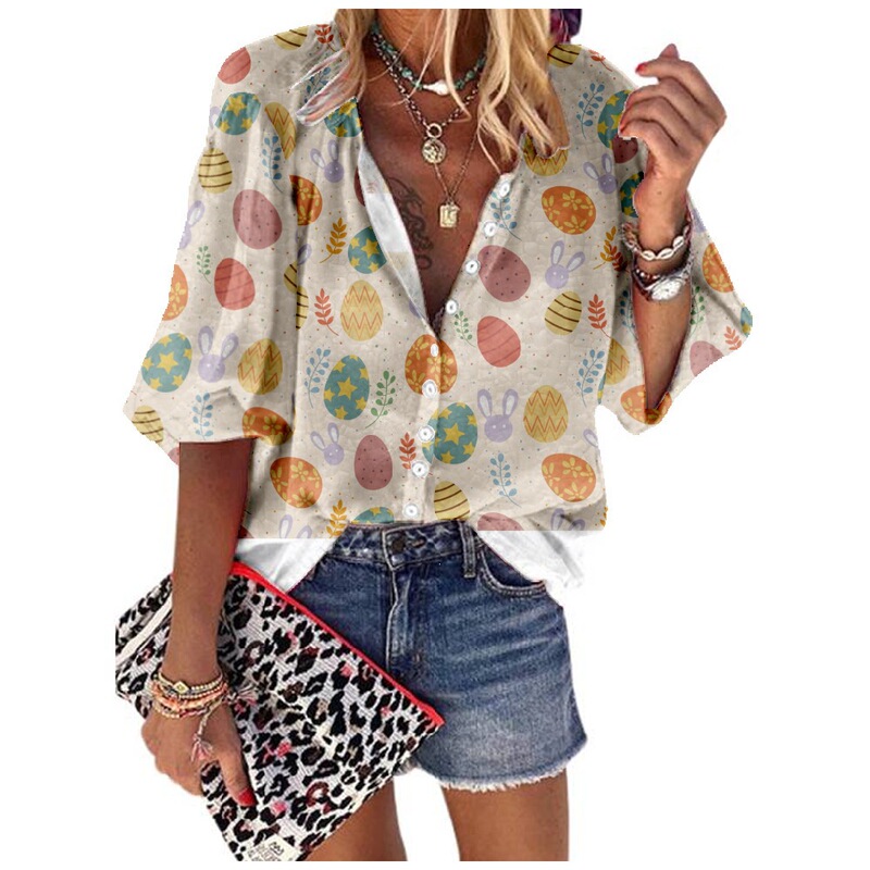 Amazon Women's Summer Five-Sleeve Shirt Easter Comfortable Short-Sleeve Easter Egg Couple Heart T-Shirt Amazon Women's Summer Five-Sleeve Shirt Easter Comfortable Short-Sleeve Easter Egg Couple Heart T-Shirt