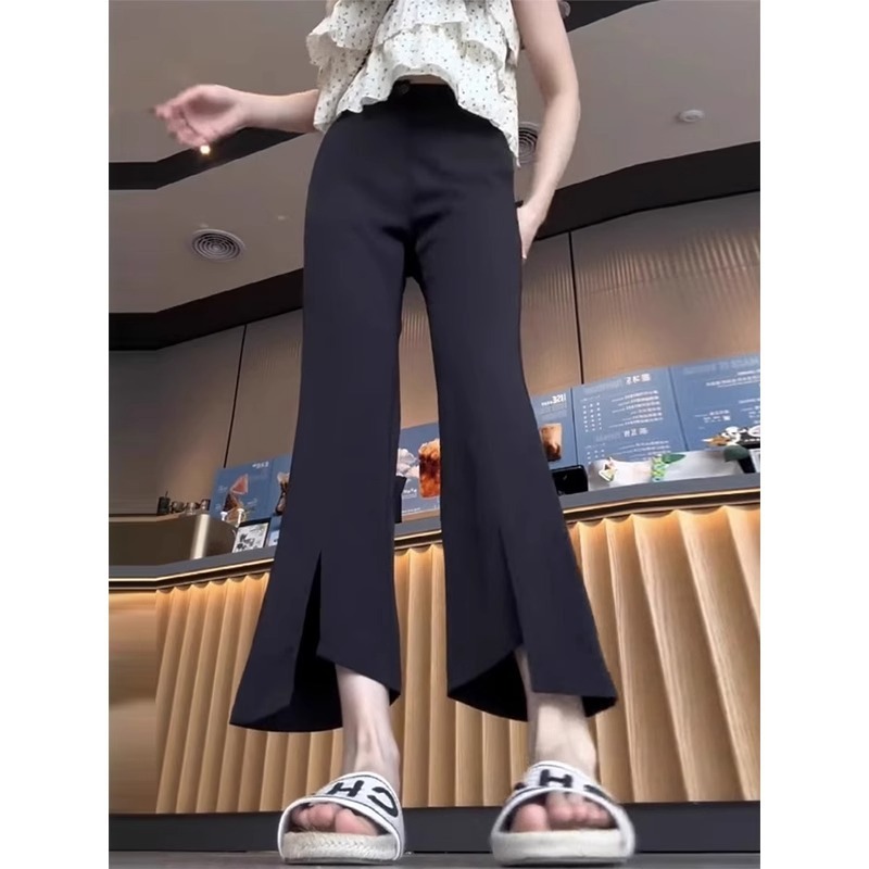 夏用女性用ブラックアイスシルクスリットマイクロフレアパンツ、大きいサイズ、スリム、不規則、カジュアル、薄手、通気性のあるスーツ9点パンツ|undefined