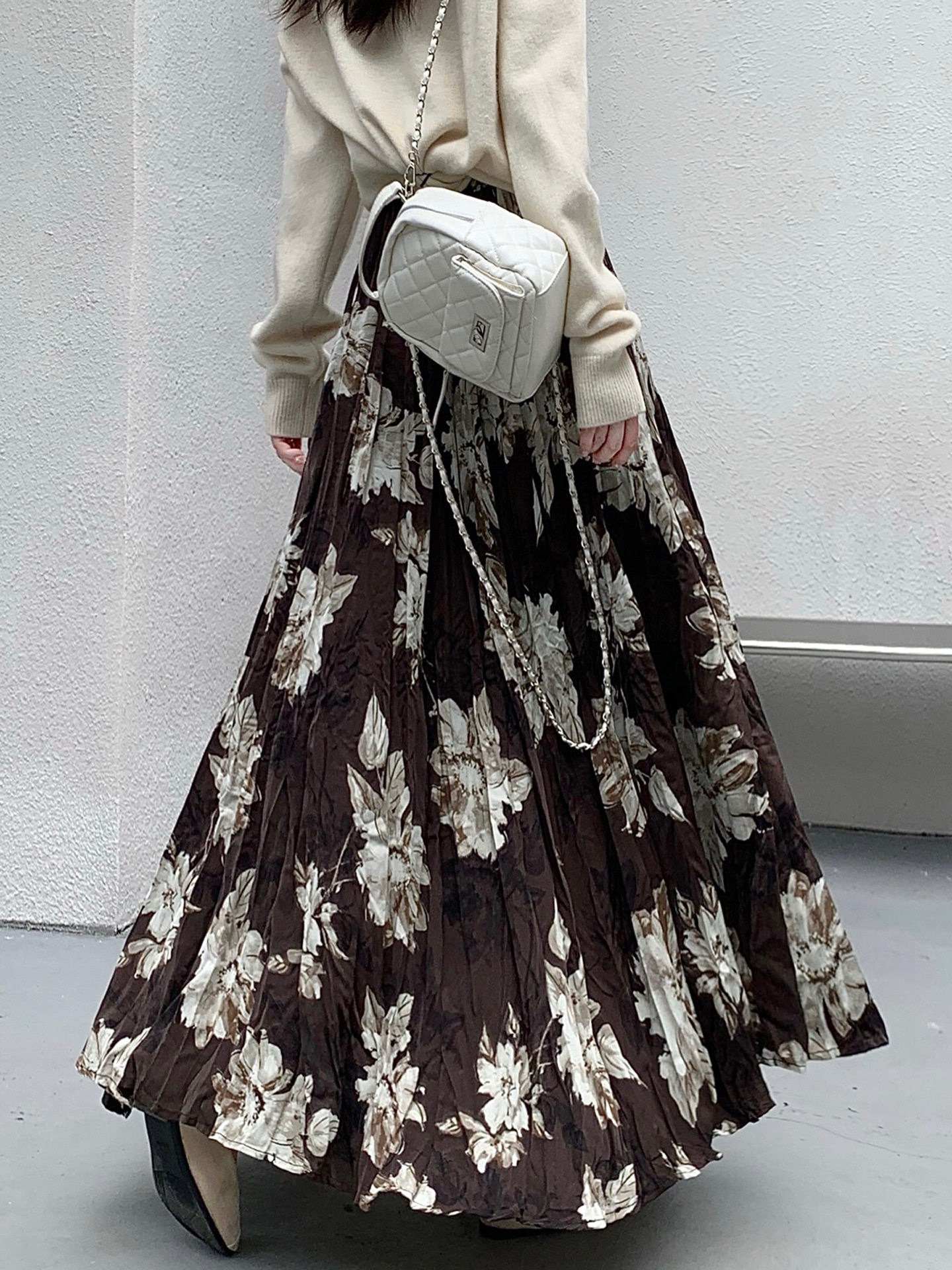 Floral Pleated Skirt for Women in Autumn and Winter New Style Elastic High Waist Slim Casual Versatile A-Line Long Skirt