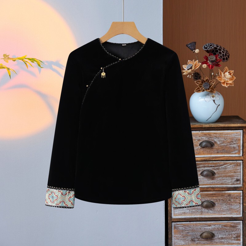 Wholesale Spring & Fall Chinese Style Velvet Inner T-Shirt Vest Inner Bottoming Shirt Top Retro Fashion Shirt
