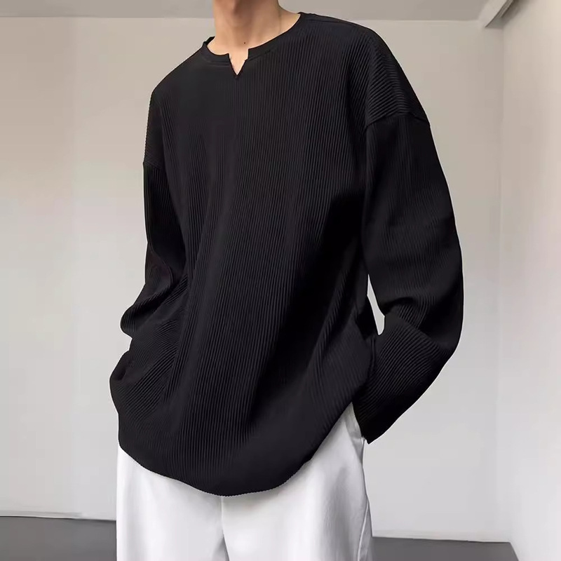 Notched Collar Long-sleeved T-shirt Men's Loose Daily Casual Design Sense Pit Striped Base Shirt Spring and Autumn Top Men's Wear