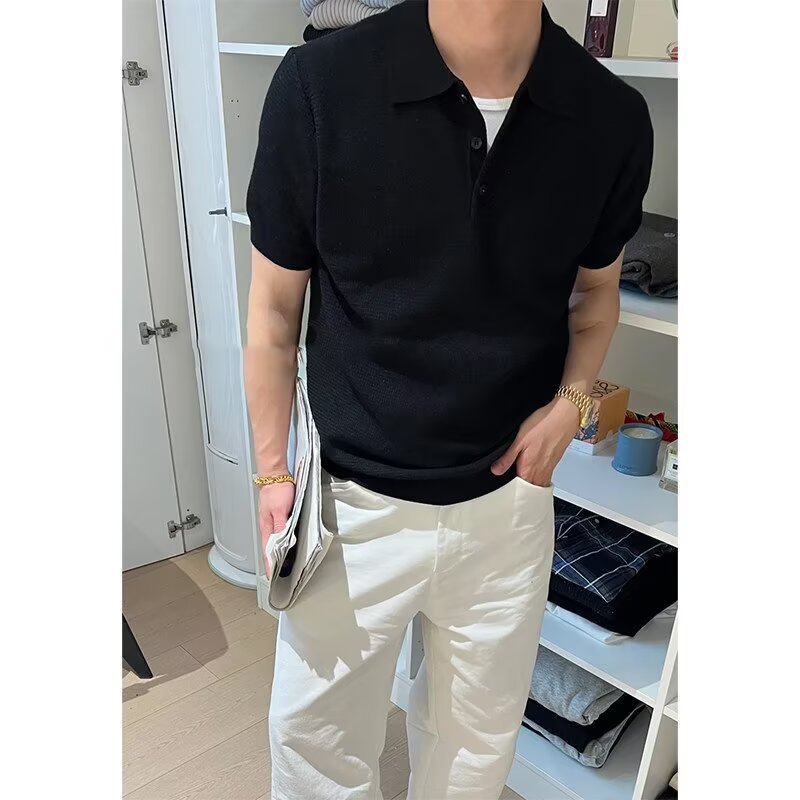 Polo camiseta de punto camiseta de manga corta camiseta de hombre texturas con solapa de color viejo viento de negocios de verano fábrica transfronteriza al por mayor